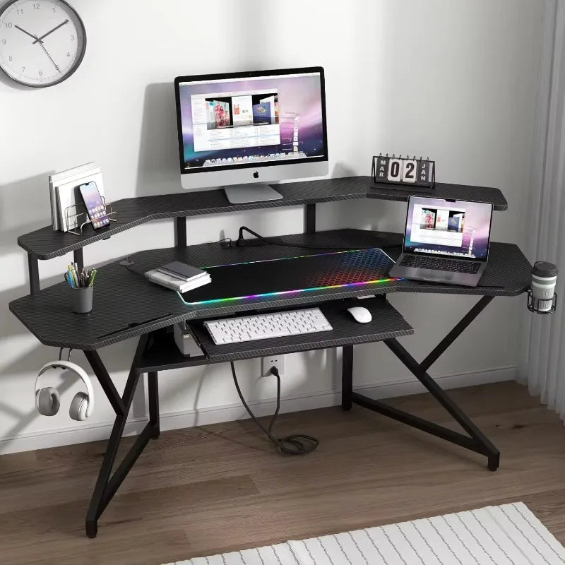 72" Gaming Desk with Power Outlet & Led Strip, Large Wing-Shaped Computer Desk W Monitor Stand & Keyboard Tray & RGB Mouse Pad