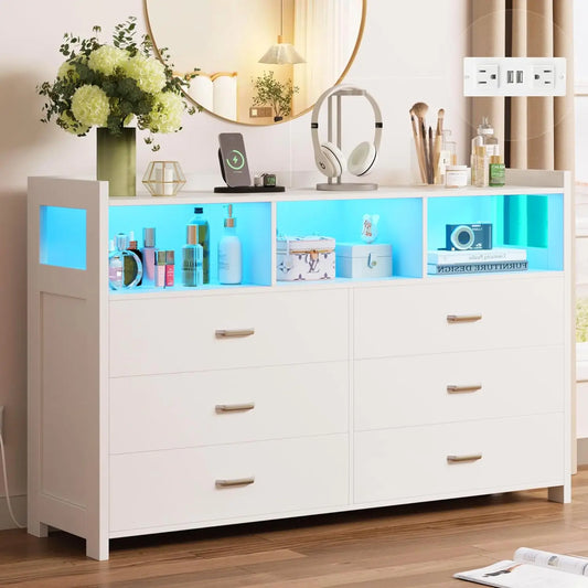 6 Drawer Dressers & Chests of Drawers with Power Strip, Modern Dressers Wooden Storage Cabinet for Adults