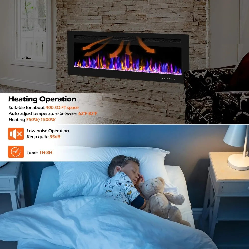 50" Electric Fireplace Wall Mounted and Recessed with Remote Control, 750/1500W Ultra-Thin Wall Fireplace Heater W/Timer