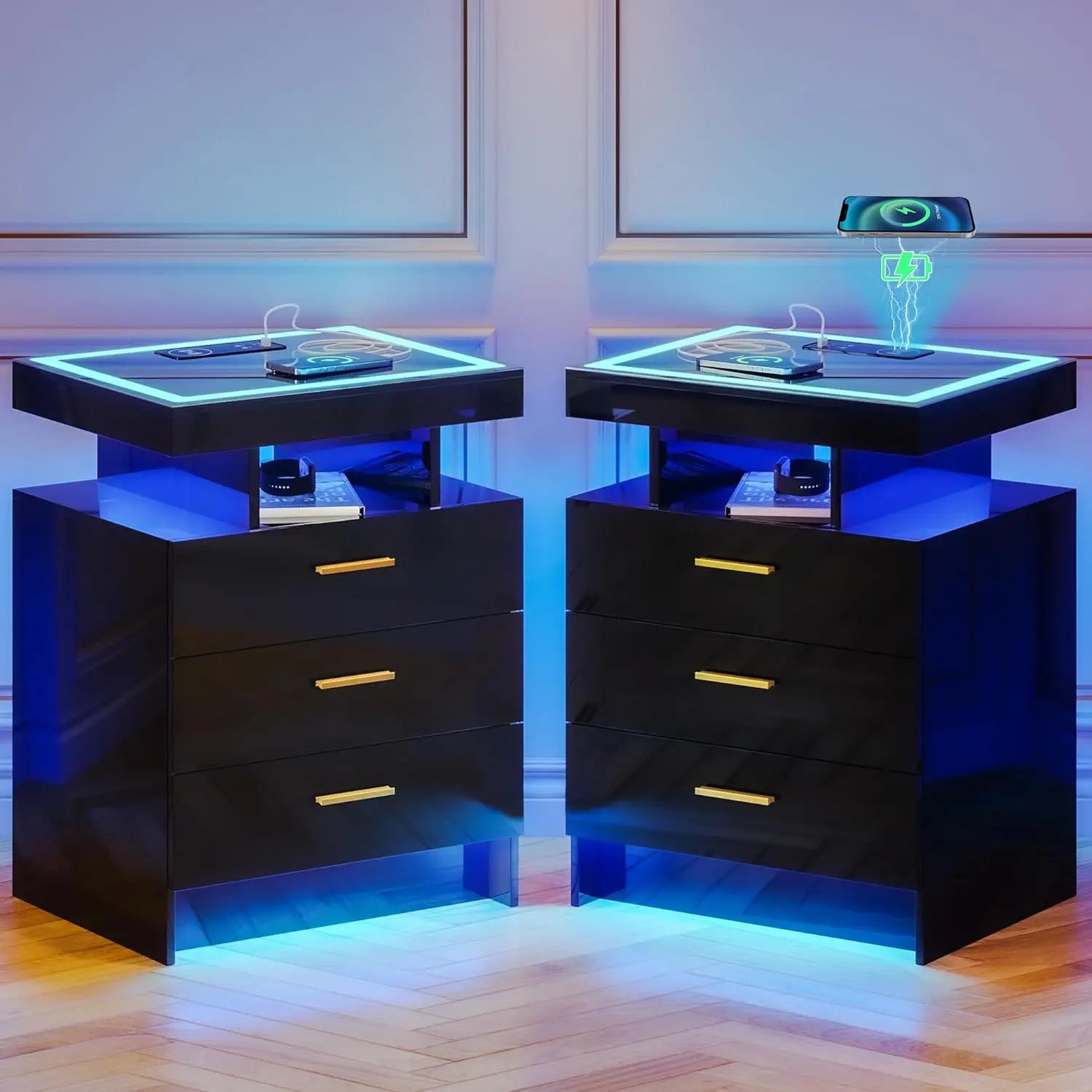 LED Nightstand with Wireless Charging Station with 3 Drawers & 3 Open Compartments, Nightstand