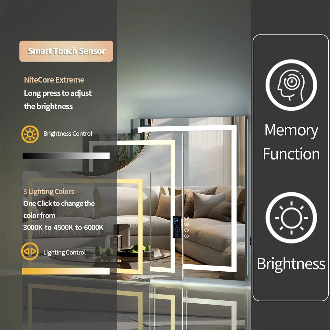 Bluetooth Bathroom Mirror Time Temperature Display Wall Hang Vanity Mirror with Bluetooth Speaker Dimmable Anti-Fog