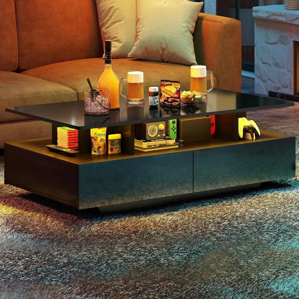 Coffee Table High Glossy for Living Room Black Small Center Table with Open Display Shelf & Sliding Drawers LED Coffee Tables
