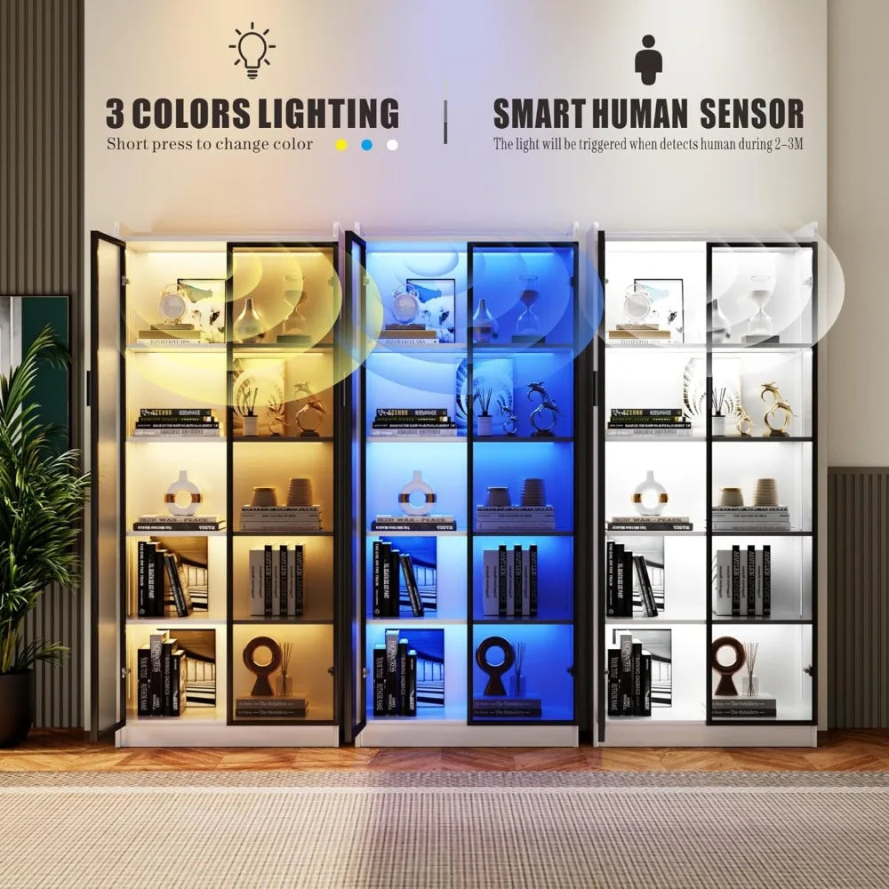 Bookcase, 65" Tall Pantry Organizer with Metal Handle/Led Lights/Human Sensor, 5 Tier Display Bookcase
