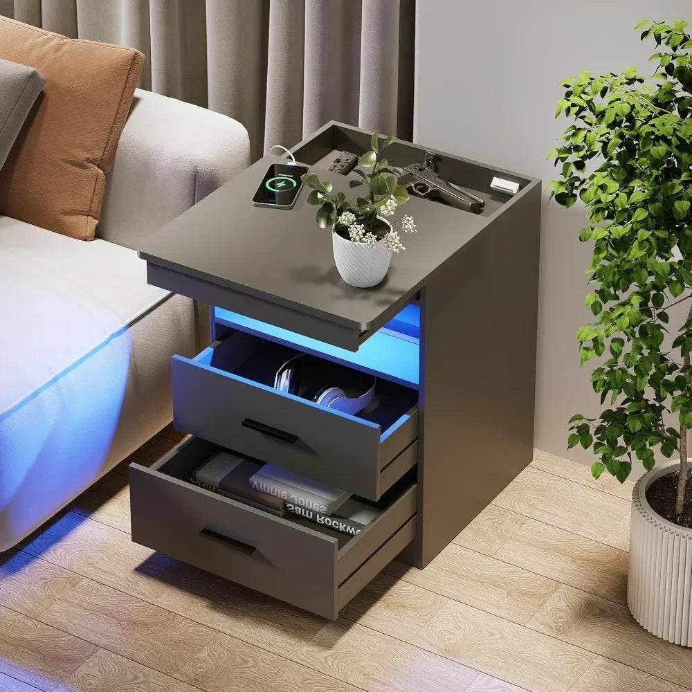 Nightstand with Gun Drawer, Charging Bedside Table with USB & Type-C Port, LED Night Stand with Human Sensor , Modern End Table