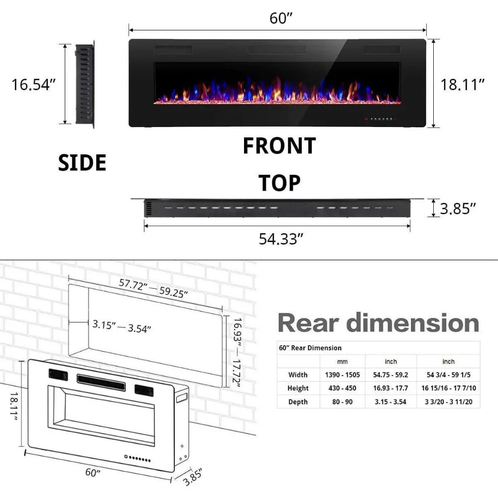 60" Recessed and Wall Mounted Electric Fireplace, Low Noise, Remote Control with Timer, Touch Screen, Adjustable Color
