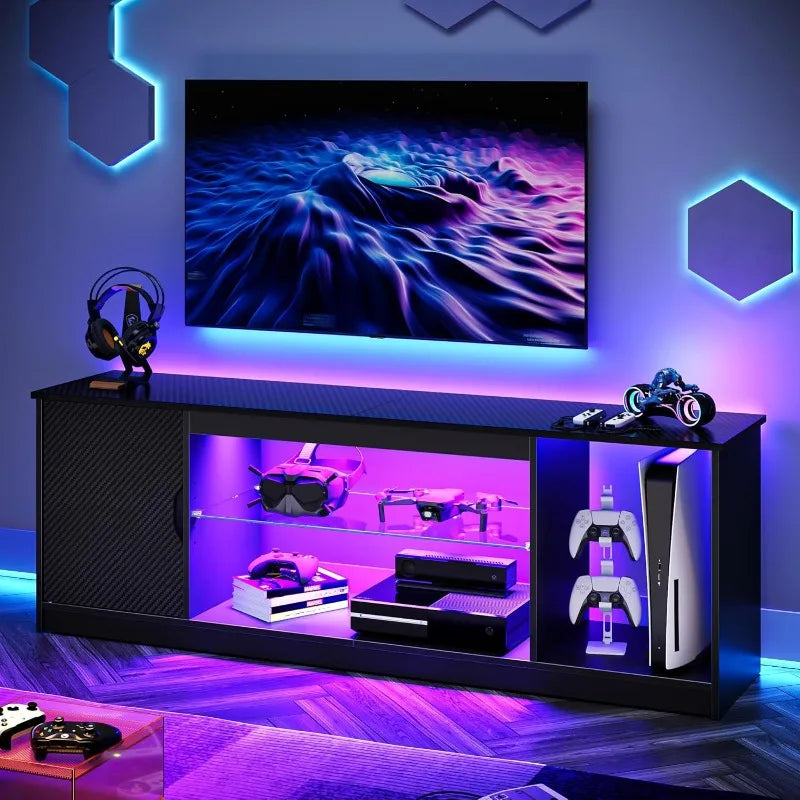 LED TV Stand for 55/60/65 Inch TV, Cabinet for PS5, Modern TV Cabinet with Adjustable Glass Shelves, Bedroom 58 Inch