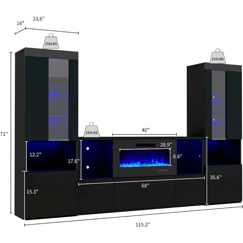 3 Piece Modern High Gloss Fireplace TV Stand + Bookcase Set ， Includes 68" TV Stand with 40" Fireplace, 2 X Bookcase with Doors