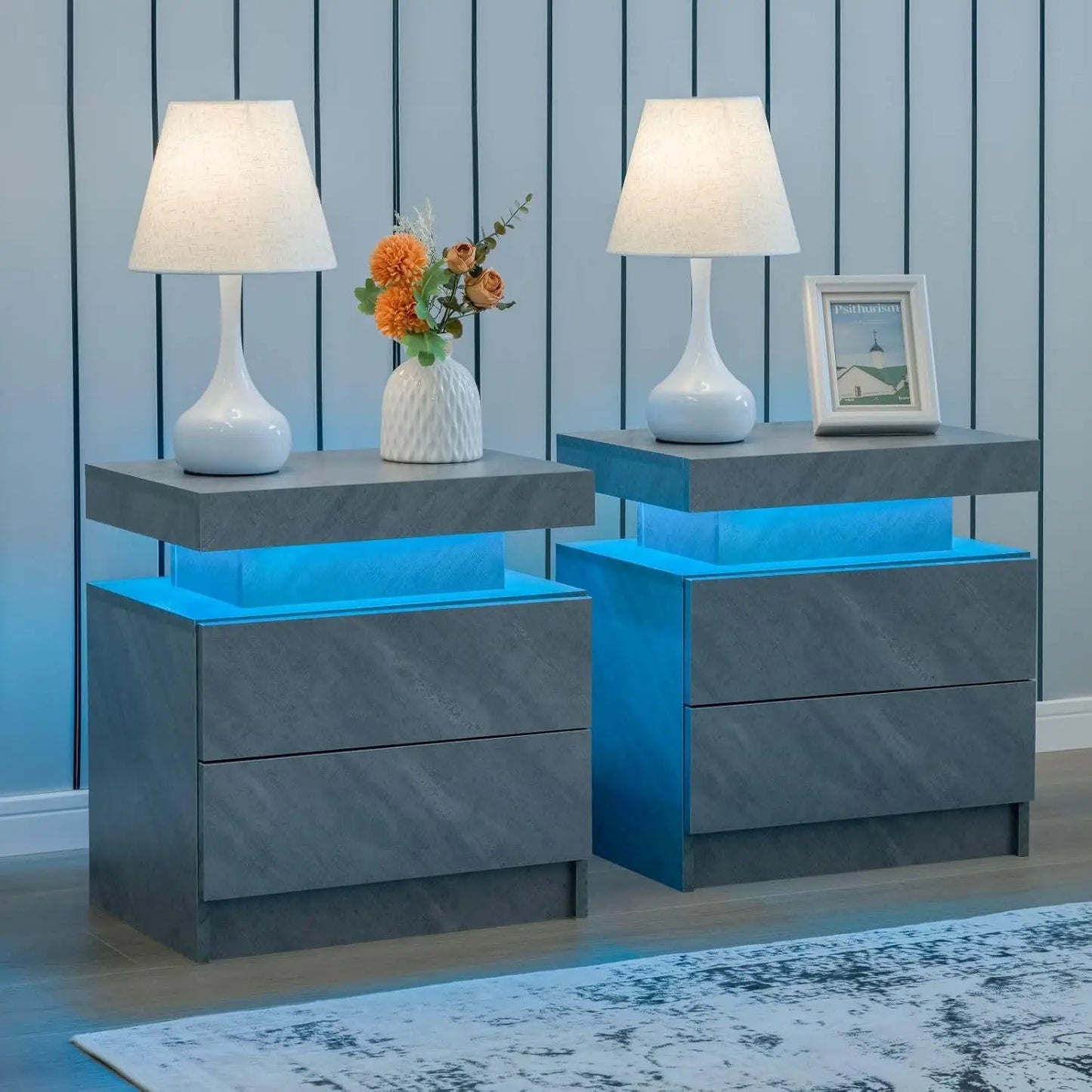 Nightstand Set of 2 LED Nightstand with 2 Drawers, Bedside Table with Drawers for Bedroom Furniture, Side Bed Table