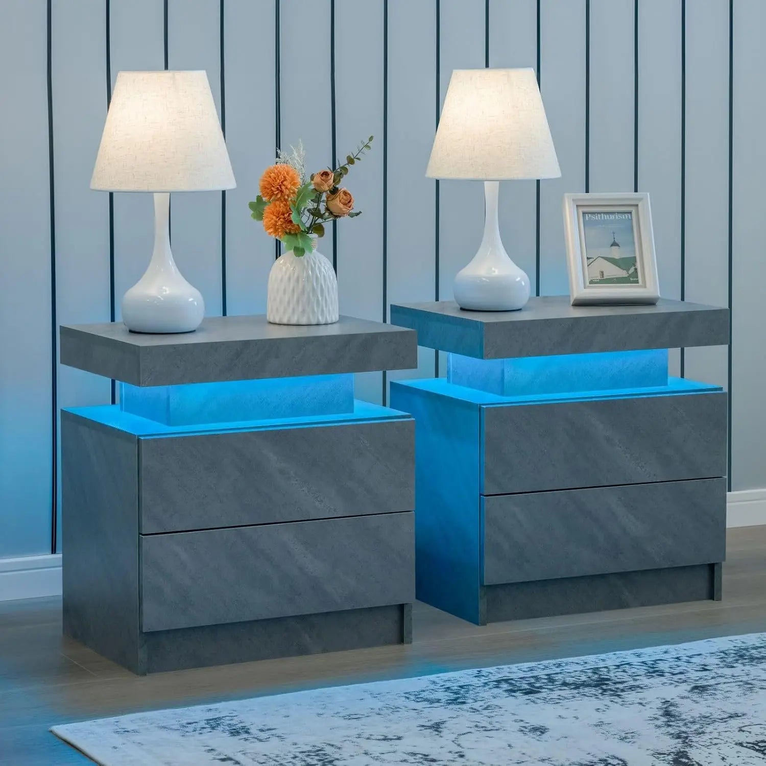 Nightstand Set of 2 LED Nightstand with 2 Drawers, Bedside Table with Drawers for Bedroom Furniture, Side Bed Table
