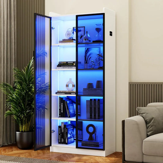 Bookcase, 65" Tall Pantry Organizer with Metal Handle/Led Lights/Human Sensor, 5 Tier Display Bookcase
