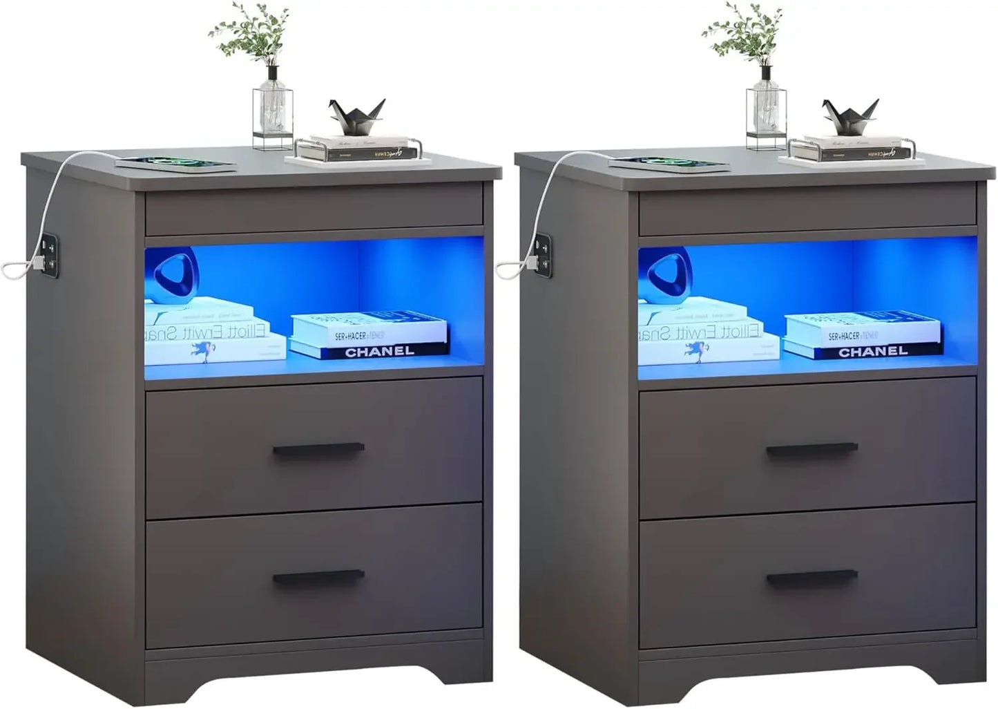 Nightstand with Gun Drawer, Charging Bedside Table with USB & Type-C Port, LED Night Stand with Human Sensor , Modern End Table