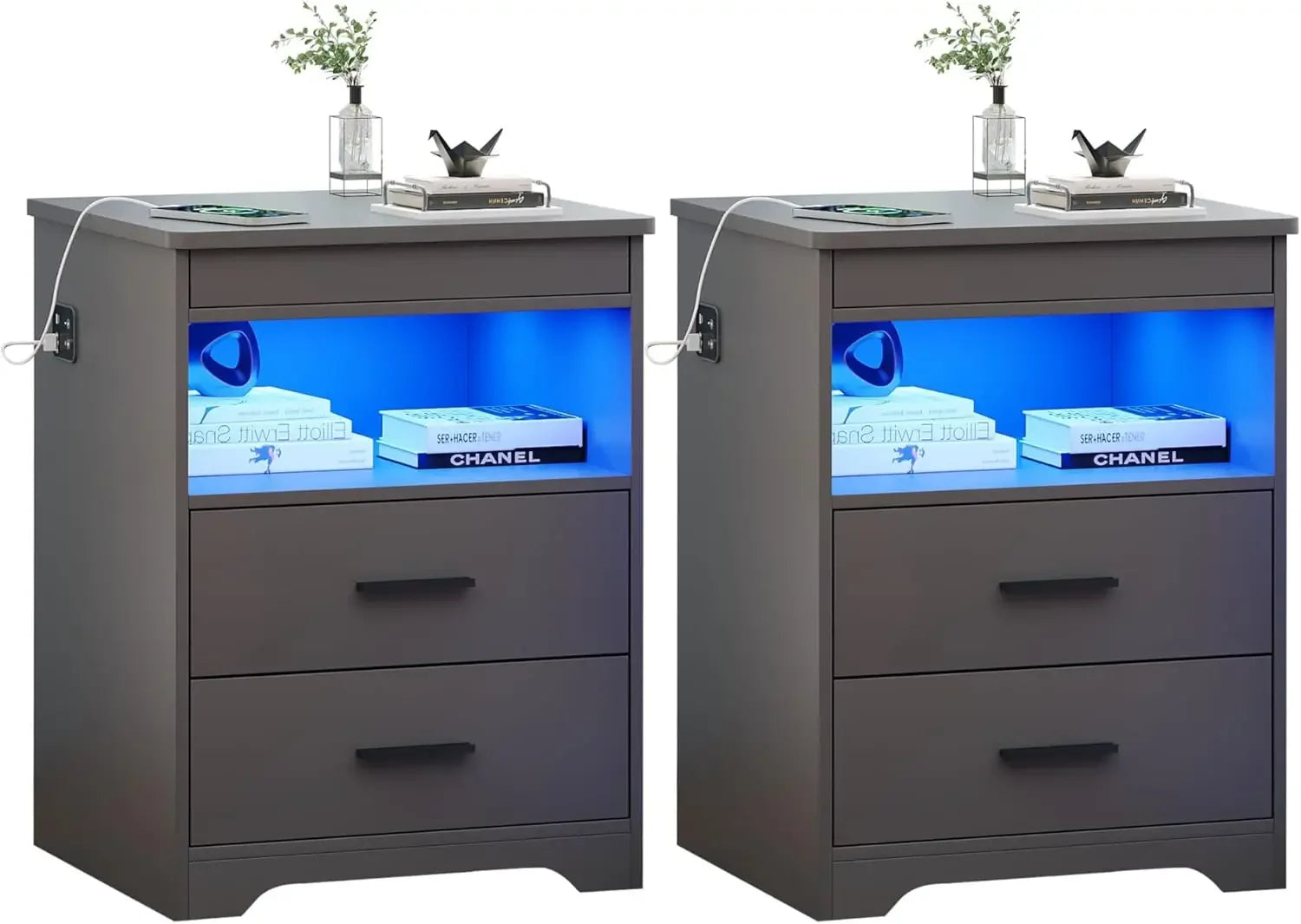 Nightstand with Gun Drawer, Charging Bedside Table with USB & Type-C Port, LED Night Stand with Human Sensor , Modern End Table