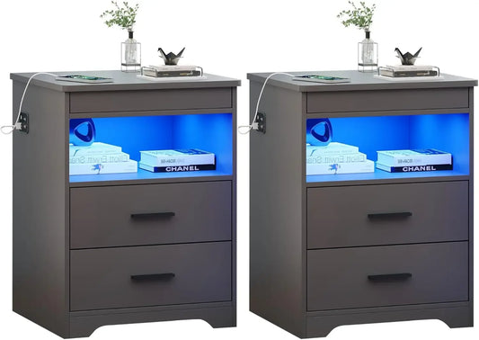 Nightstand with Gun Drawer, Charging Bedside Table with USB & Type-C Port, LED Night Stand with Human Sensor , Modern End Table