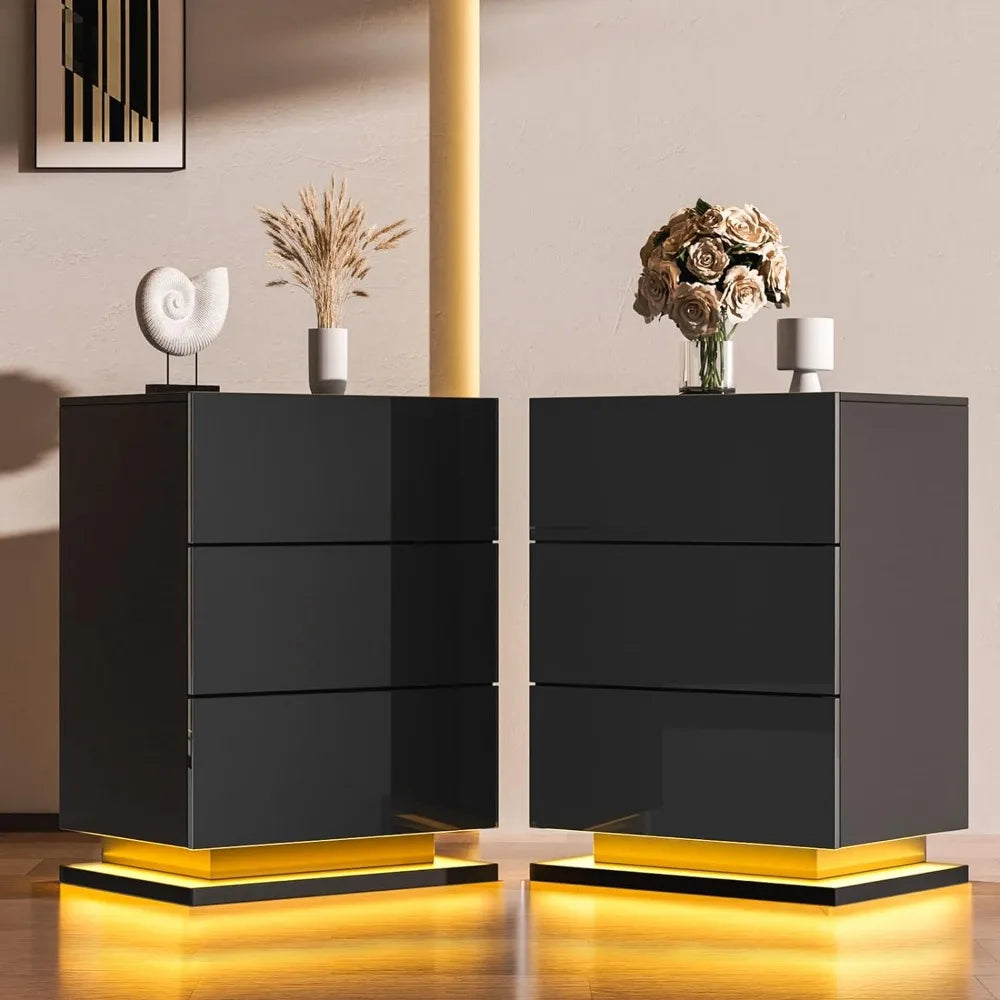 LED Nightstand Set of 2 with 3 Drawers, I Flapping Top Box for Bedroom, Living Room, High Gloss Panel Modern LED Nightstand