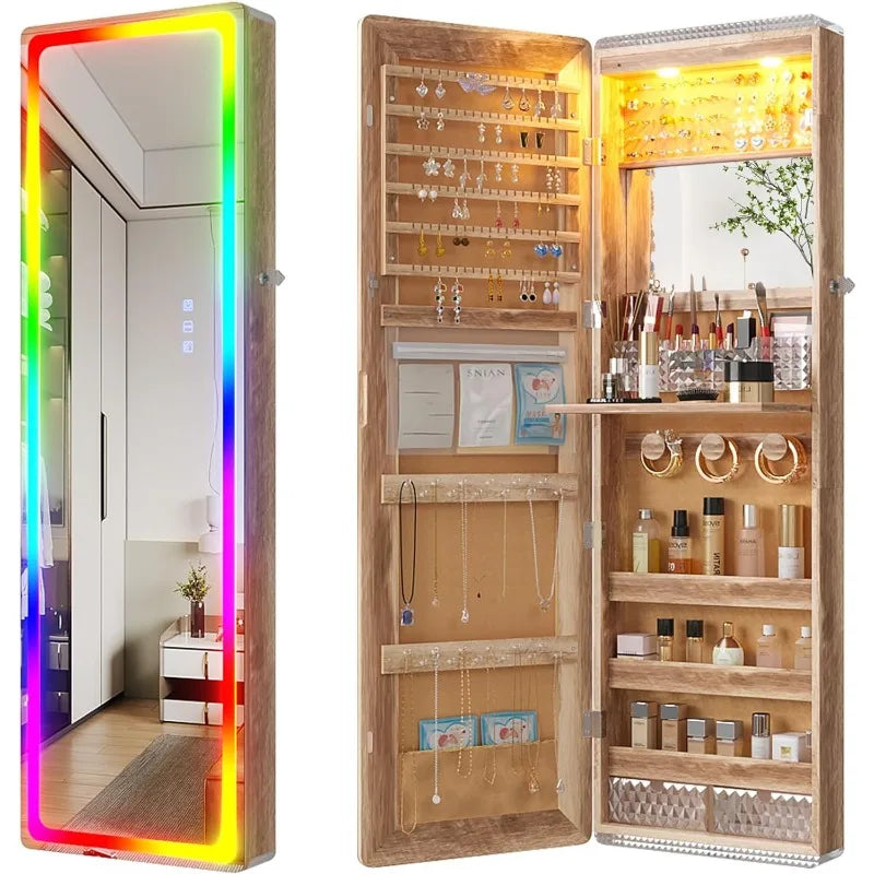 LED Mirror Jewelry Cabinet with RGB Lights,47.2" Wall Mounted Jewelry Organizer with Full-Length Mirror,Over the Door Hanging