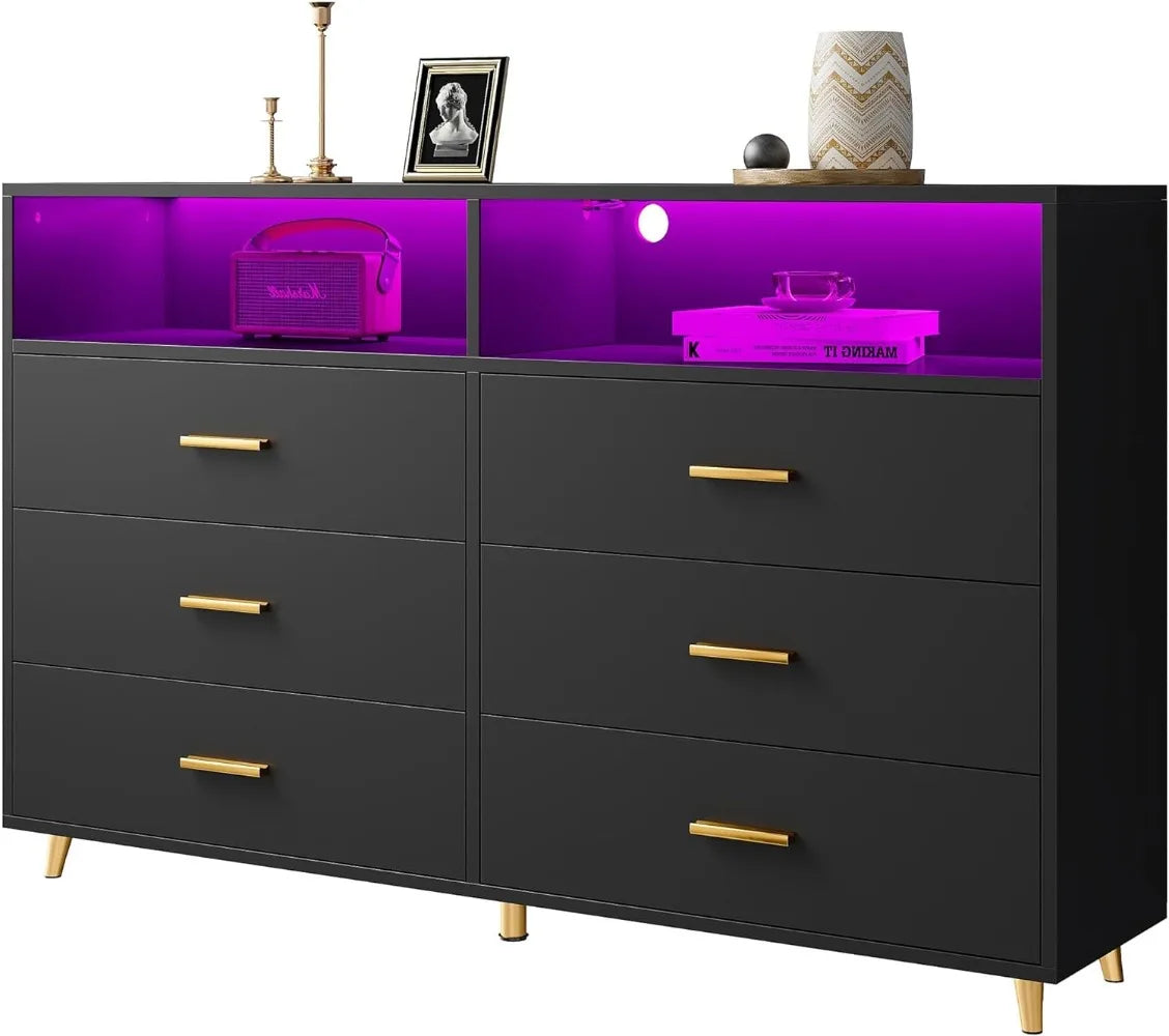 Dresser for Bedroom Black Dresser with LED 6 Drawers Dresser with Large Organizer Wood Dressers & Chests of Drawers