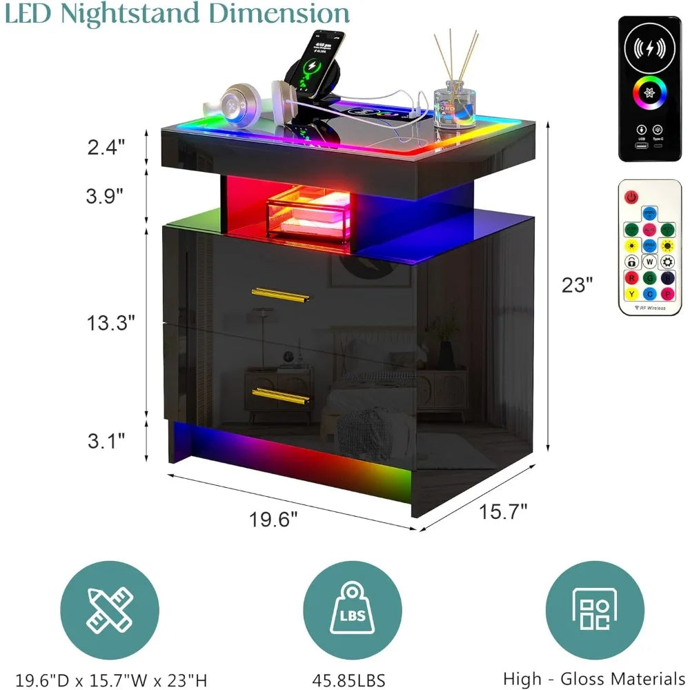 LED Nightstand Set of 2 with Wireless Charging & USB Ports, Dazzling Light, Glass Light Strip Panel, Smart RGB LED Nightstand