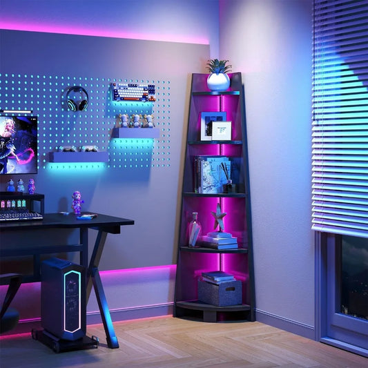 Corner Shelf Rack with LED Light 70.9 Inch Ladder Corner Modern 5 Tier Wooden Open Display Rack for Bedroom Storage Locker Stand