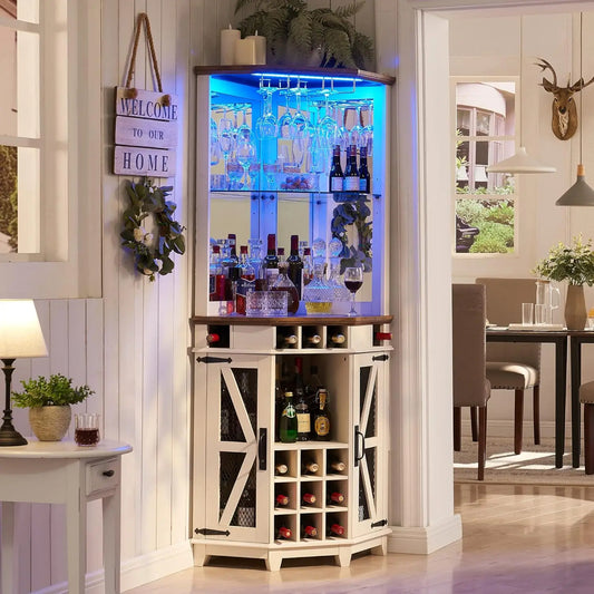 Corner Bar Storage Cabinet, 72" Tall Farmhouse,Home Bar Cabinet W/Led Light & Glass Rack for Living Room, Kitchen, Antique White