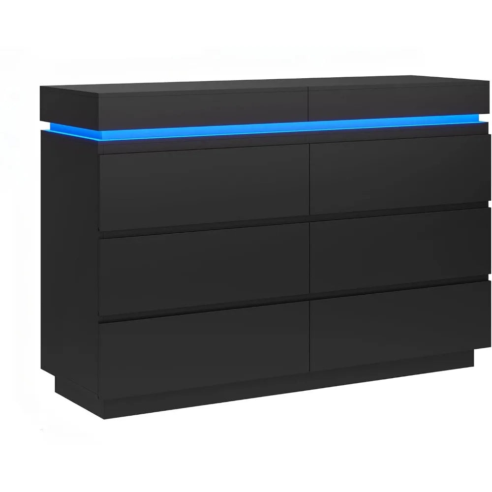 6-Drawer Vanity, Sliding Tabletop, Wide Chest of Drawers with Charging Station and LED Lights, Large Cabinet for Clothes Storage