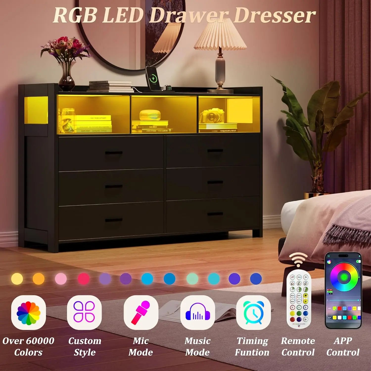 6 Drawer Dressers & Chests of Drawers with Power Strip, Modern Dressers Wooden Storage Cabinet for Adults