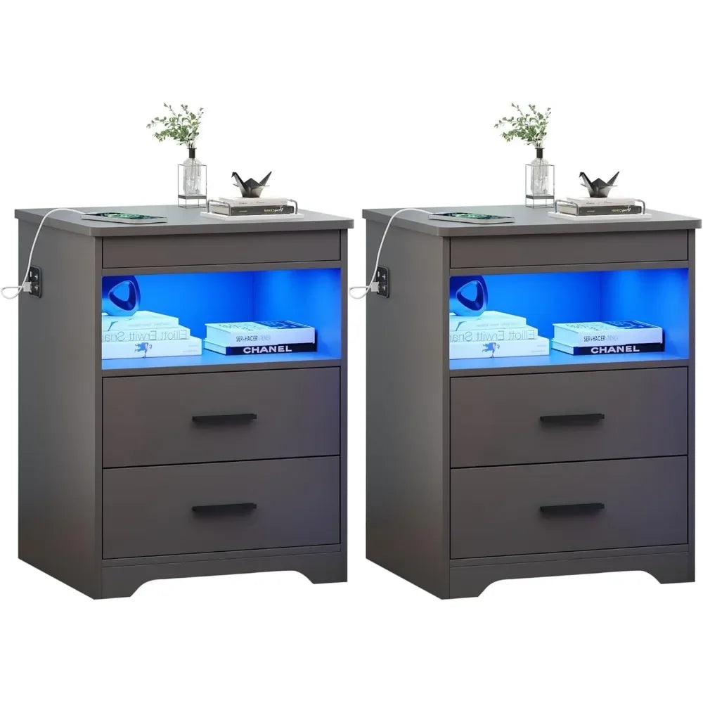Nightstand with Gun Drawer, Charging Bedside Table with USB & Type-C Port, LED Night Stand with Human Sensor , Modern End Table