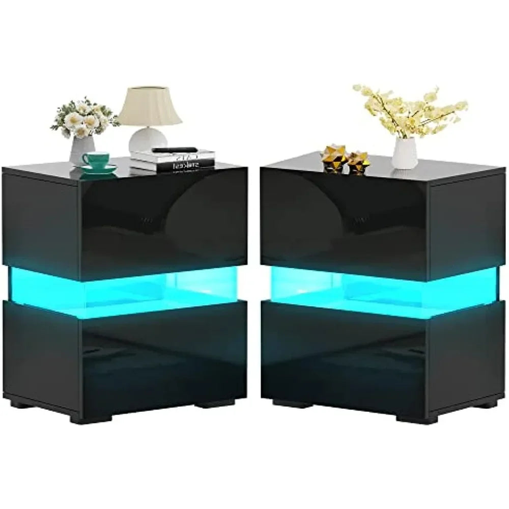 LED Nightstands Set of 2, Bedside Tables with LED Lights, Night Stands with High Gloss Drawers, Remote, End Tables Side Tables