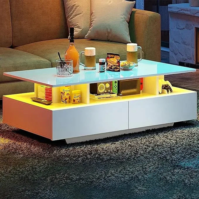 Coffee Table High Glossy for Living Room Black Small Center Table with Open Display Shelf & Sliding Drawers LED Coffee Tables