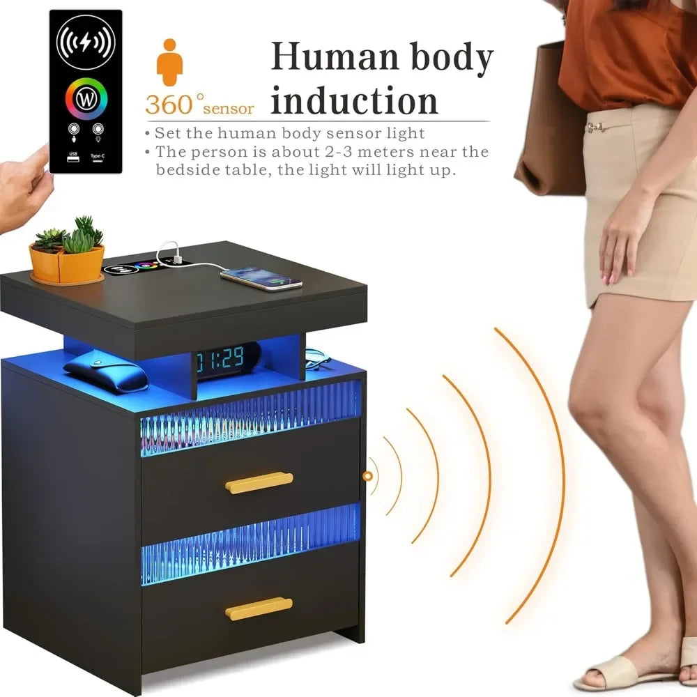 With Charging Station: All in One Nightstand with Drawers Bedside Table with LED Light & Human Sensor Design Modern End Table