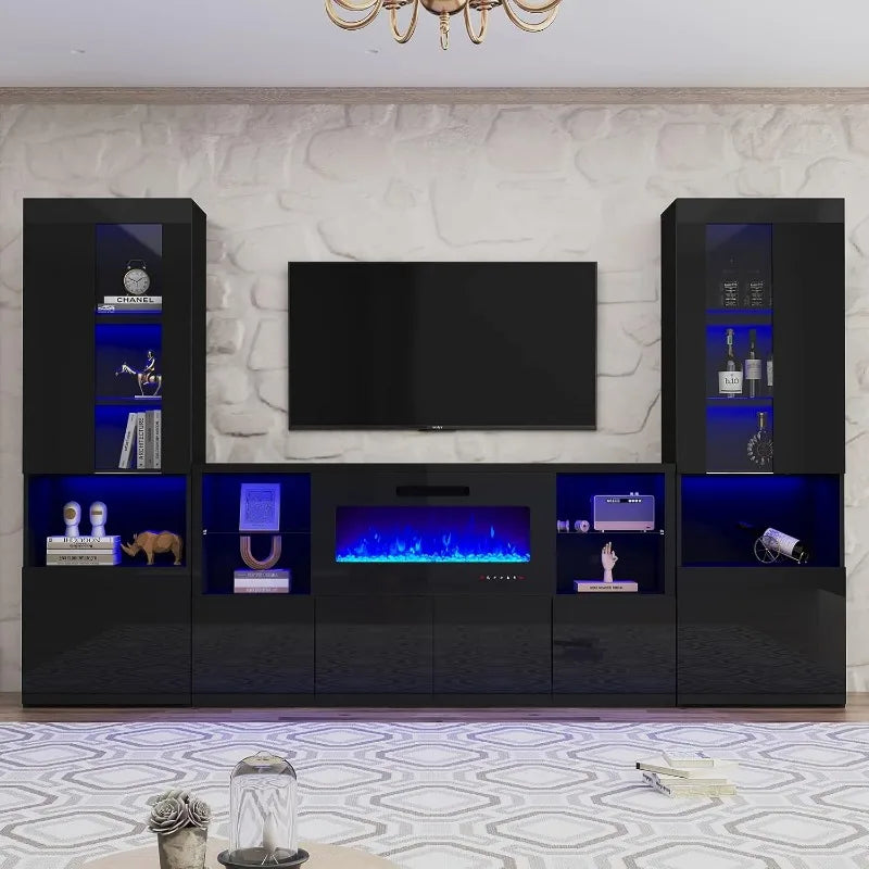 3 Piece Modern High Gloss Fireplace TV Stand + Bookcase Set ， Includes 68" TV Stand with 40" Fireplace, 2 X Bookcase with Doors