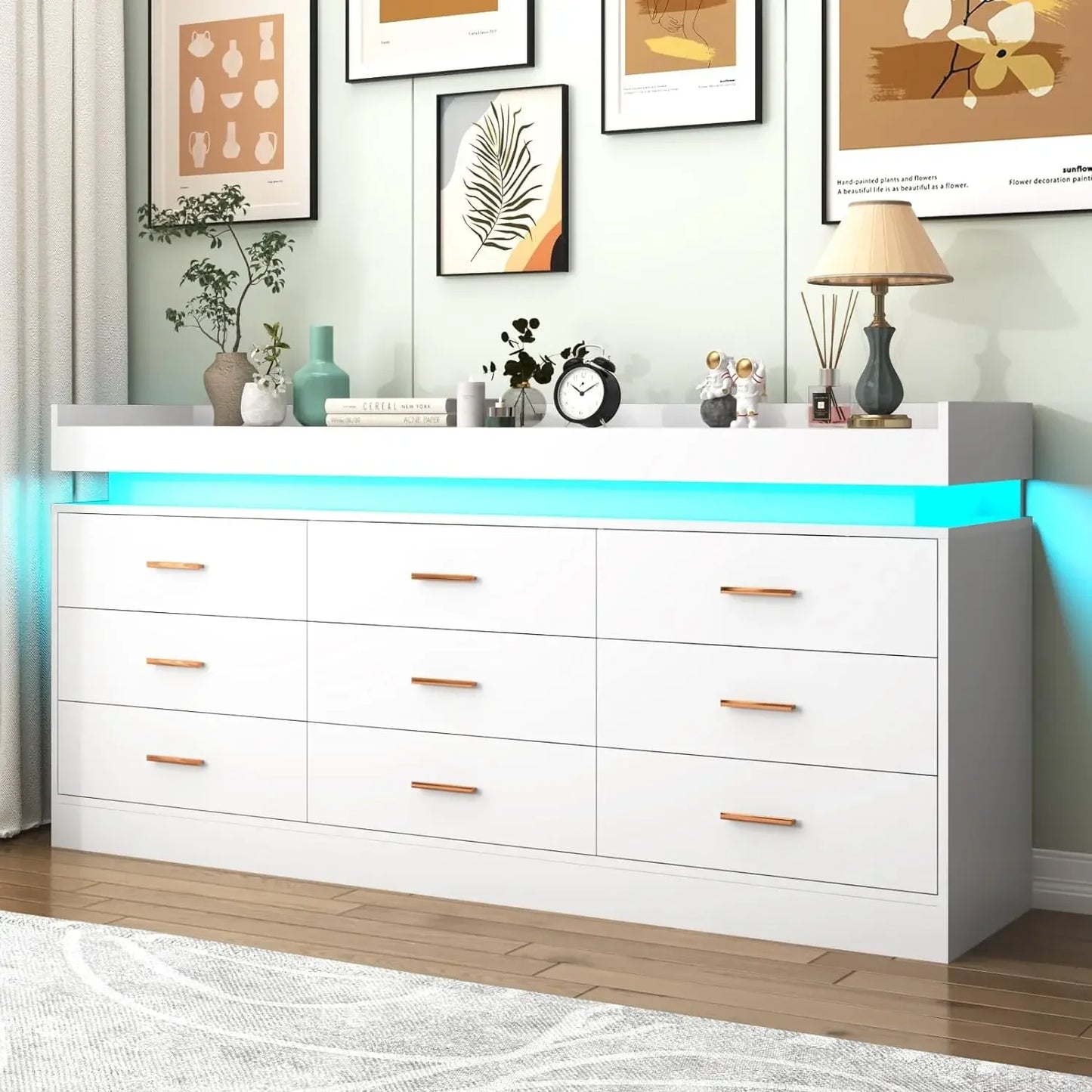 Modern Dresser 9 Drawer with LED Light,Wide Drawer Organizer Cabinet for Bedroom Living Room Chest for Closet of Wood Drawers