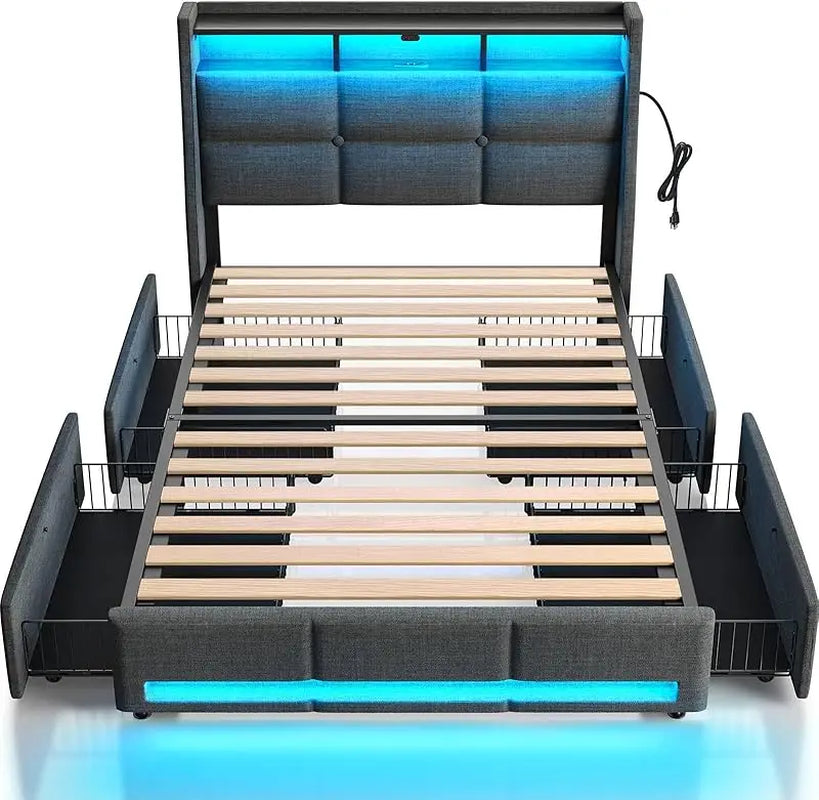 Twin Size Frame with LED Lights and Charging Station, Upholstered Bed Storage Headboard &Amp; Drawers, Heavy Duty