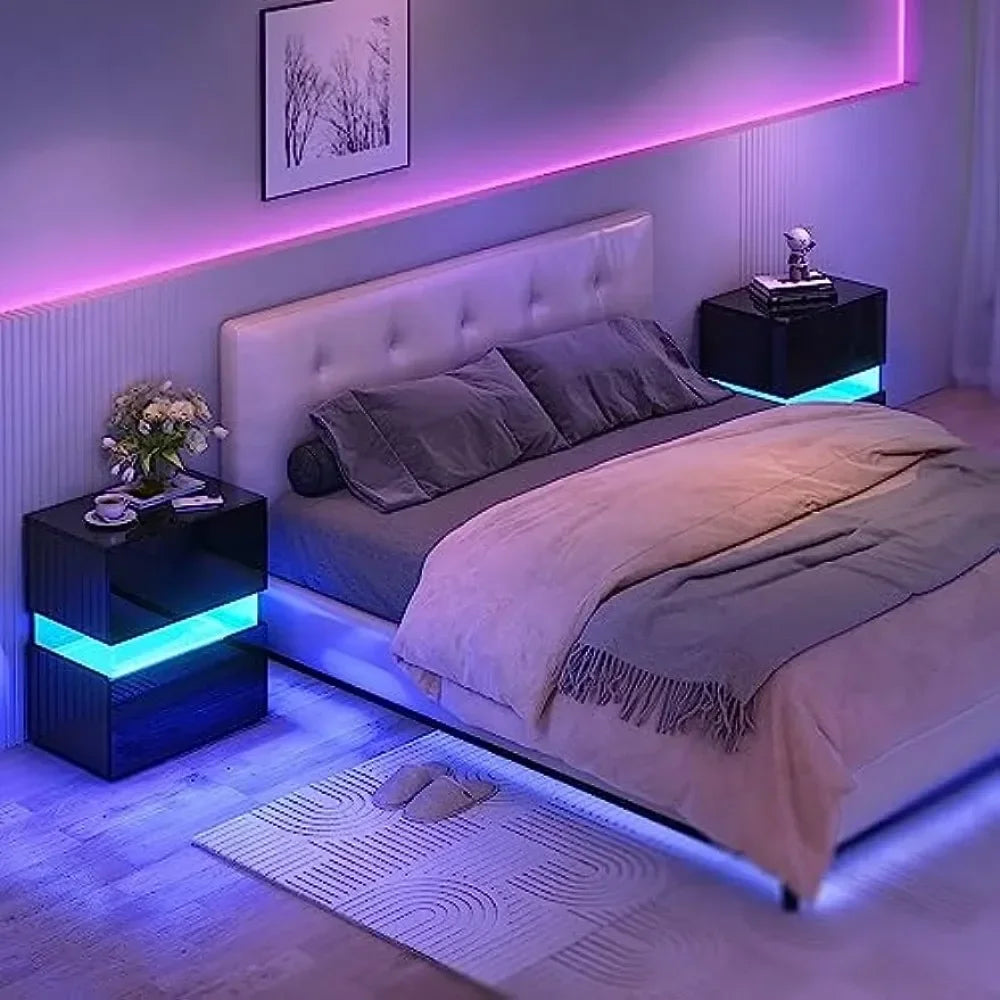 LED Nightstands Set of 2, Bedside Tables with LED Lights, Night Stands with High Gloss Drawers, Remote, End Tables Side Tables