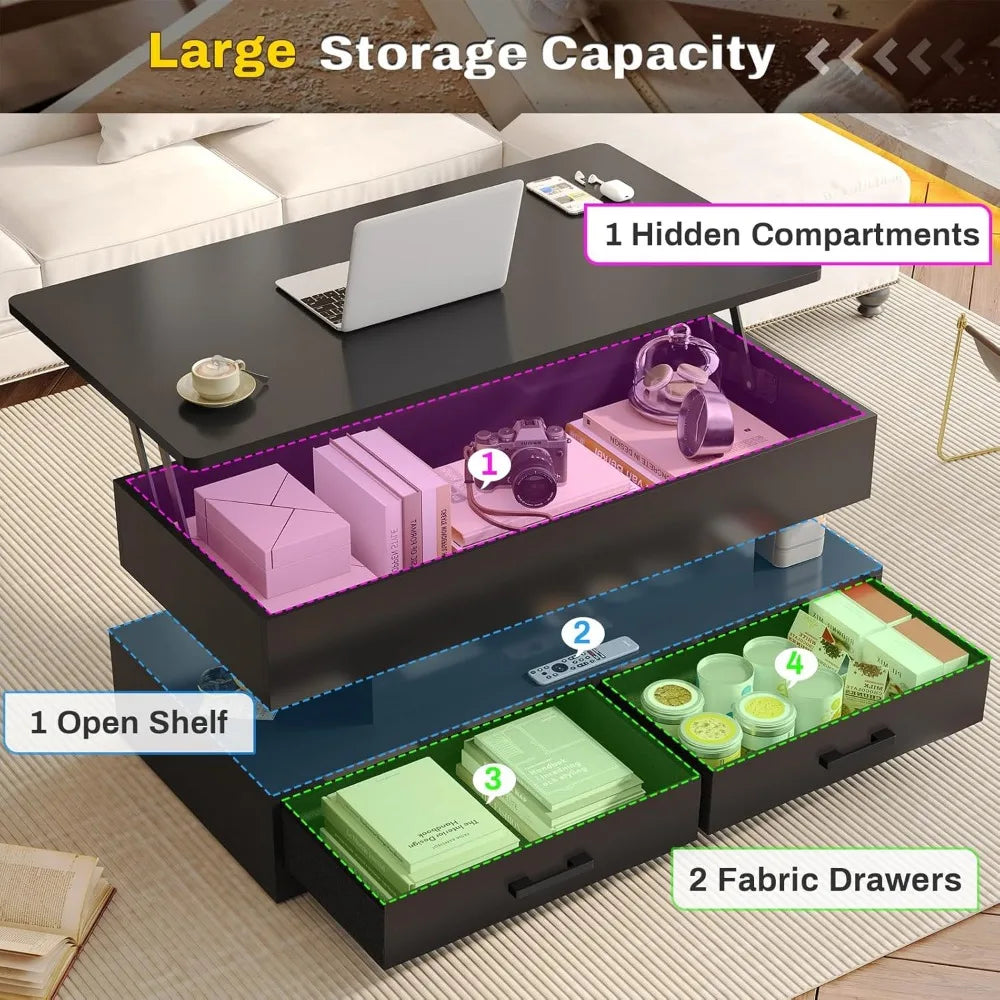 Lift Top Coffee Table, Coffee Tables with Storage for Living Room, Small Coffee Table with 2 Fabric Drawers & LED Light
