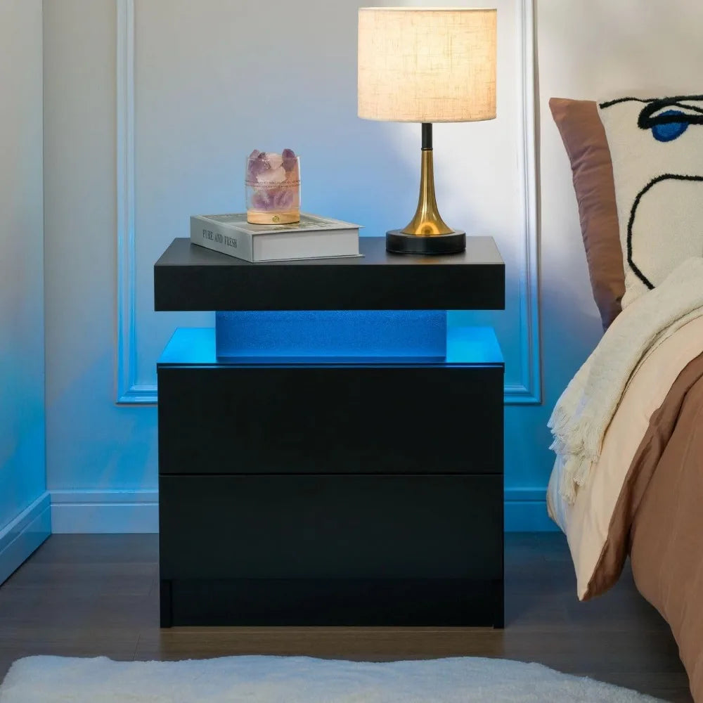 Nightstand Set of 2 LED Nightstand with 2 Drawers, Bedside Table with Drawers for Bedroom Furniture, Side Bed Table