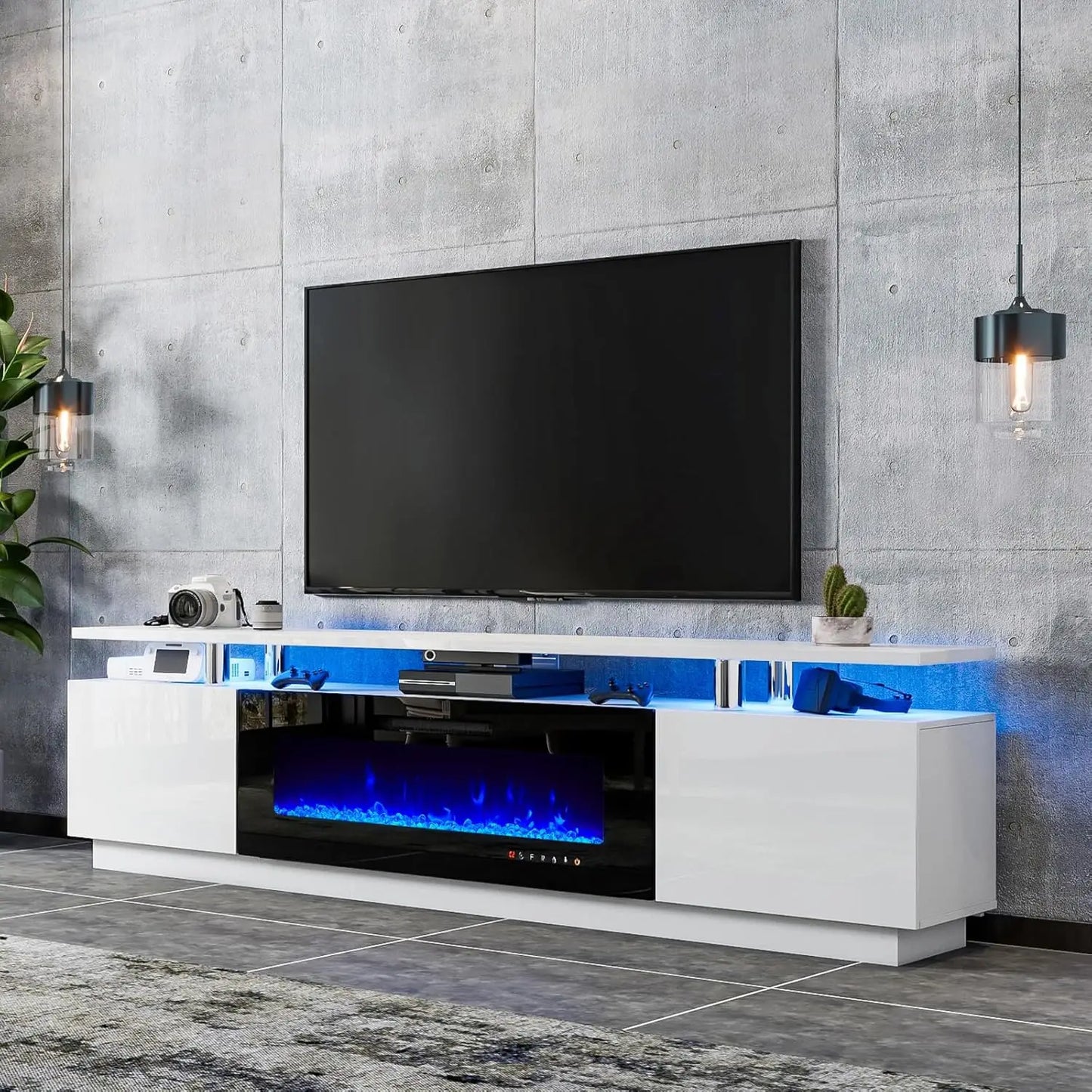 TV Stand, 80" High Gloss Media Console with 40" Electric Fireplace W/Led Lights, Open Storage Entertainment Center Holds 90" TV