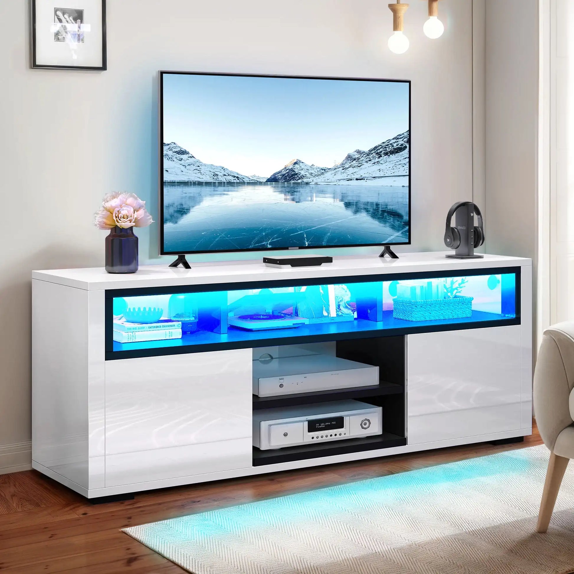 High Gloss TV Stand with LED Lights, Modern Media Console Table with Storage Cabinet for 70 Inch TV White