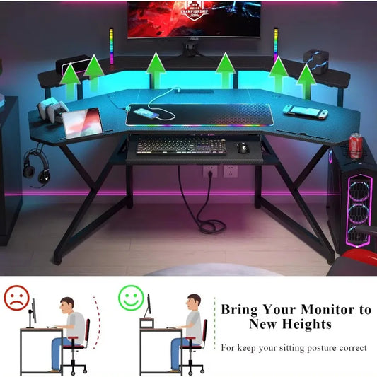 72" Gaming Desk with Power Outlet & Led Strip, Large Wing-Shaped Computer Desk W Monitor Stand & Keyboard Tray & RGB Mouse Pad