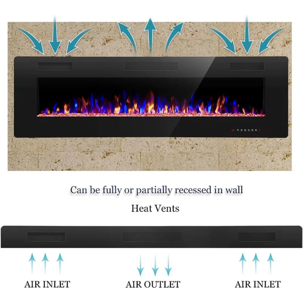 60" Recessed and Wall Mounted Electric Fireplace, Low Noise, Remote Control with Timer, Touch Screen, Adjustable Color