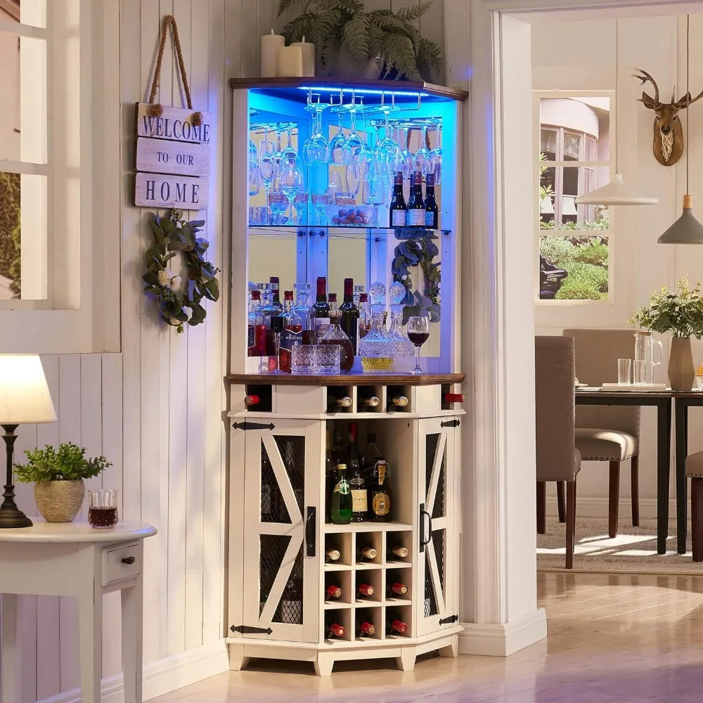 Corner Bar Storage Cabinet, 72" Tall Farmhouse,Home Bar Cabinet W/Led Light & Glass Rack for Living Room, Kitchen, Antique White