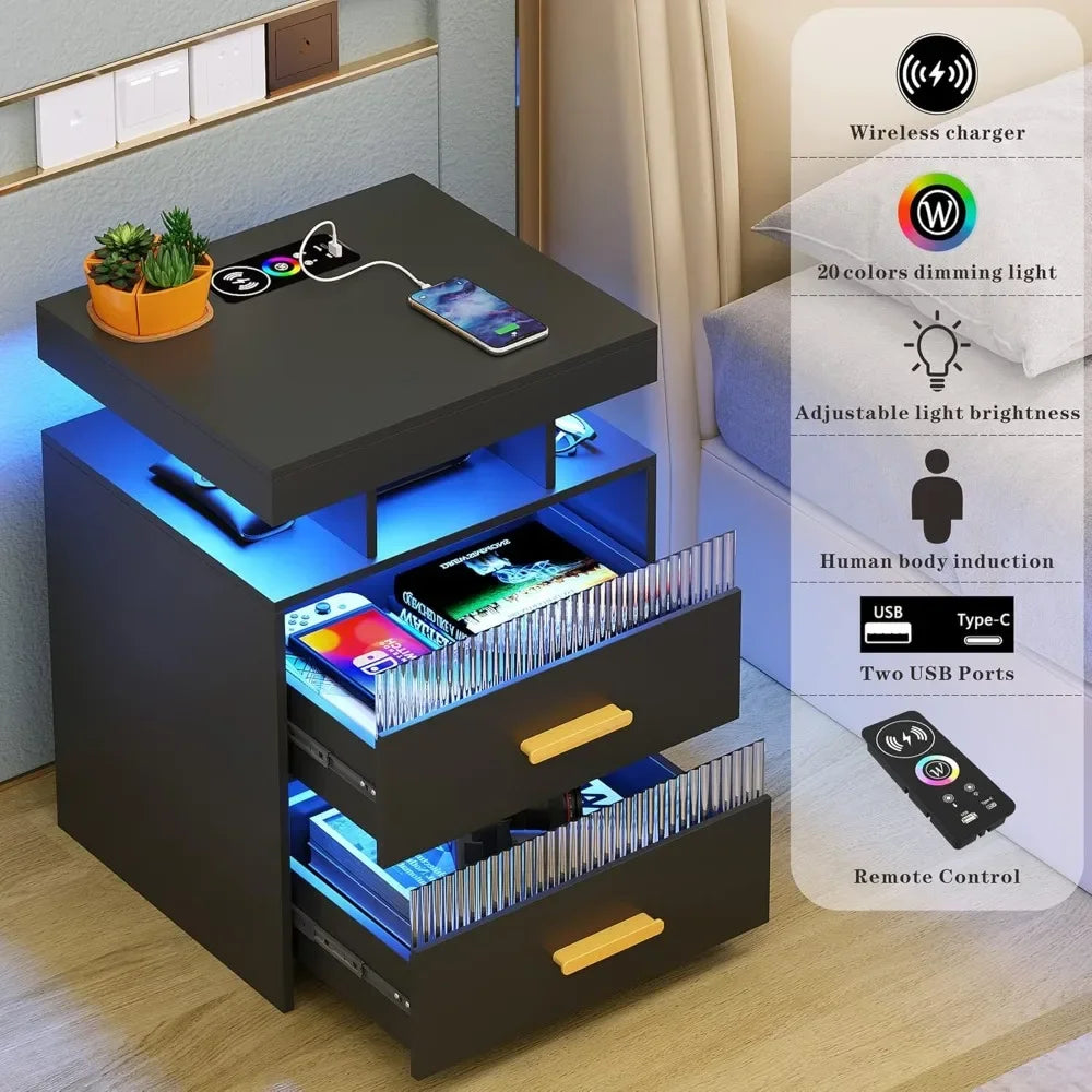 With Charging Station: All in One Nightstand with Drawers Bedside Table with LED Light & Human Sensor Design Modern End Table