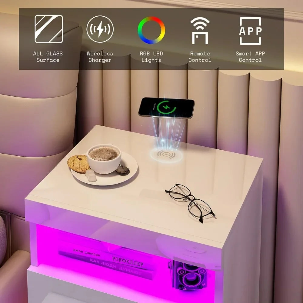 Modern Nightstand Set of 2, LED Nightstand with Wireless Charging Station, Bedside Table Cabinet ，24.4" Bedroom Furniture