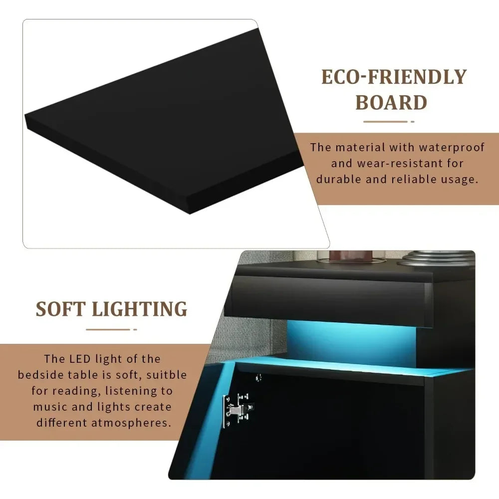 Nightstand with LED Lights,Night Stand with Storage Cabinet for Bedroom,Bedside Table with LED