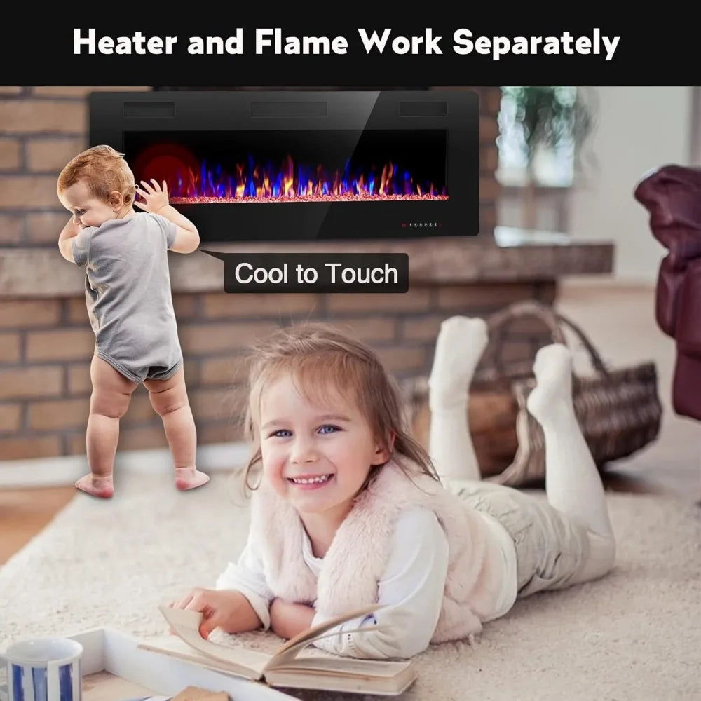 60" Recessed and Wall Mounted Electric Fireplace, Low Noise, Remote Control with Timer, Touch Screen, Adjustable Color