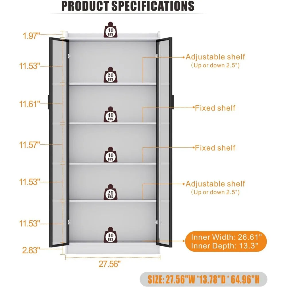Bookcase, 65" Tall Pantry Organizer with Metal Handle/Led Lights/Human Sensor, 5 Tier Display Bookcase
