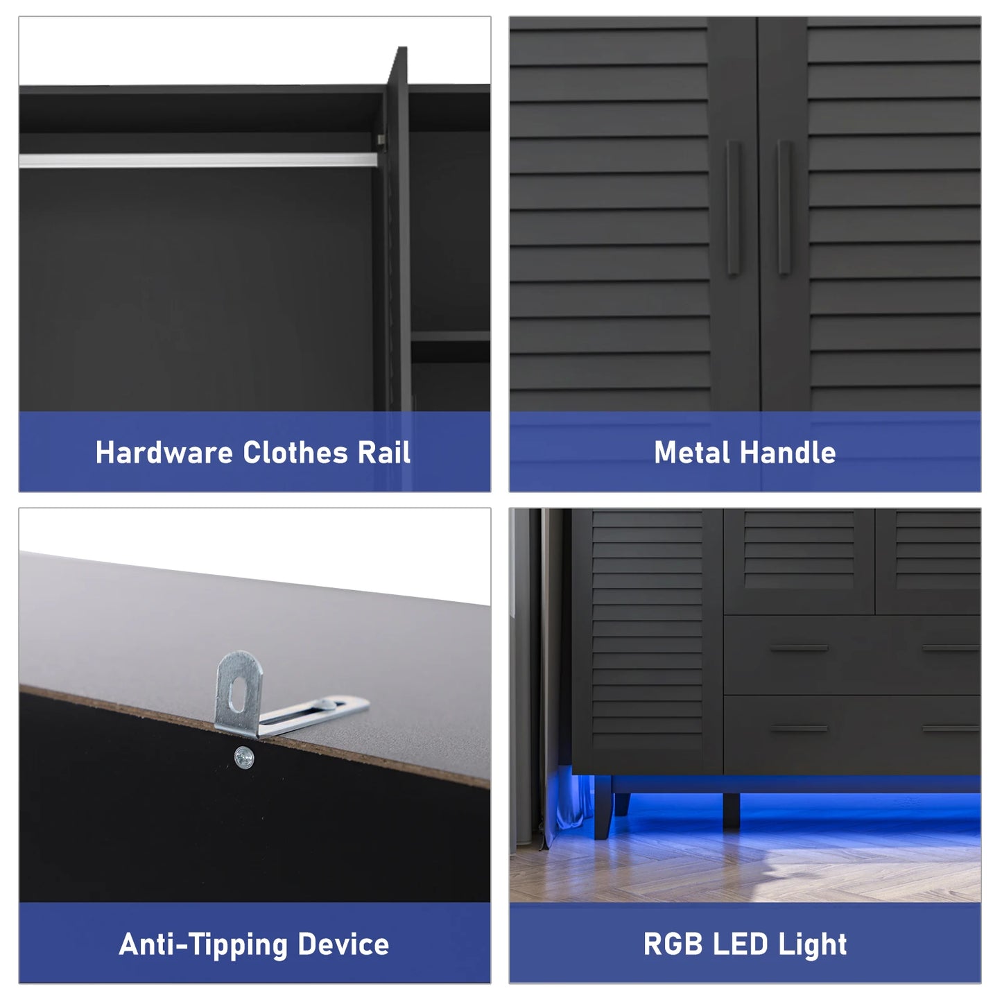 Large Capacity Storage Wardrobe Armoire for Bedroom, 4 Door LED Wardrobe with Drawers, Hanging Rod, 4 Louver Doors, Black