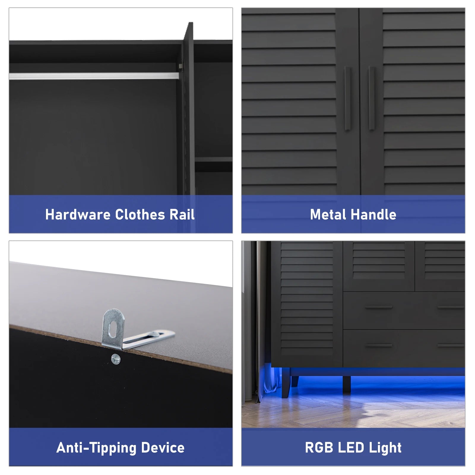 Large Capacity Storage Wardrobe Armoire for Bedroom, 4 Door LED Wardrobe with Drawers, Hanging Rod, 4 Louver Doors, Black