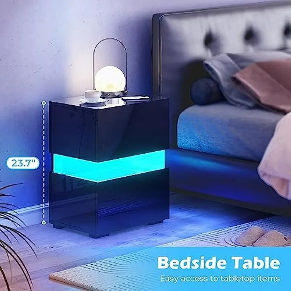 LED Nightstands Set of 2, Bedside Tables with LED Lights, Night Stands with High Gloss Drawers, Remote, End Tables Side Tables