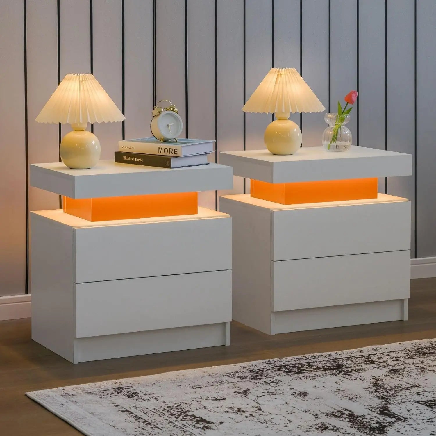 Nightstand Set of 2 LED Nightstand with 2 Drawers, Bedside Table with Drawers for Bedroom Furniture, Side Bed Table