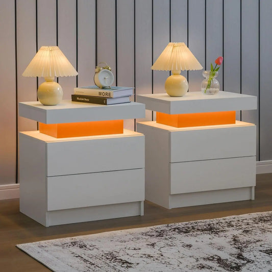 Nightstand Set of 2 LED Nightstand with 2 Drawers, Bedside Table with Drawers for Bedroom Furniture, Side Bed Table